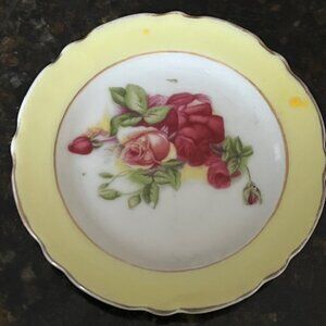 Vintage Japanese porcelain yellow rim rose design tea cup plate 3.5" dia.